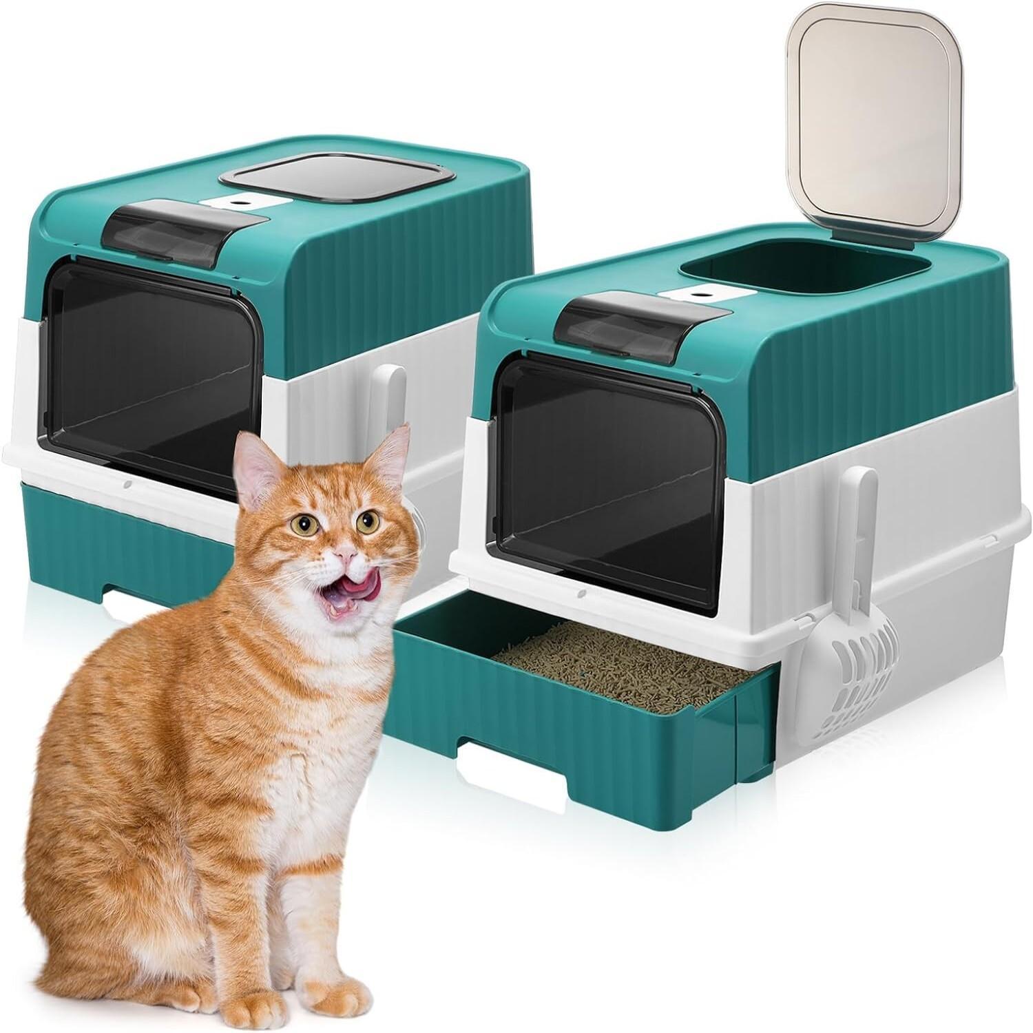 

Large Foldable Cat Litter Box With Lid Enclosed Potty With Scoop Front Entry Top Exit Kitten Litter Pan Anti Splashing Cat Toilet Drawer Cat Litter Tray Easy Clean Odor Control