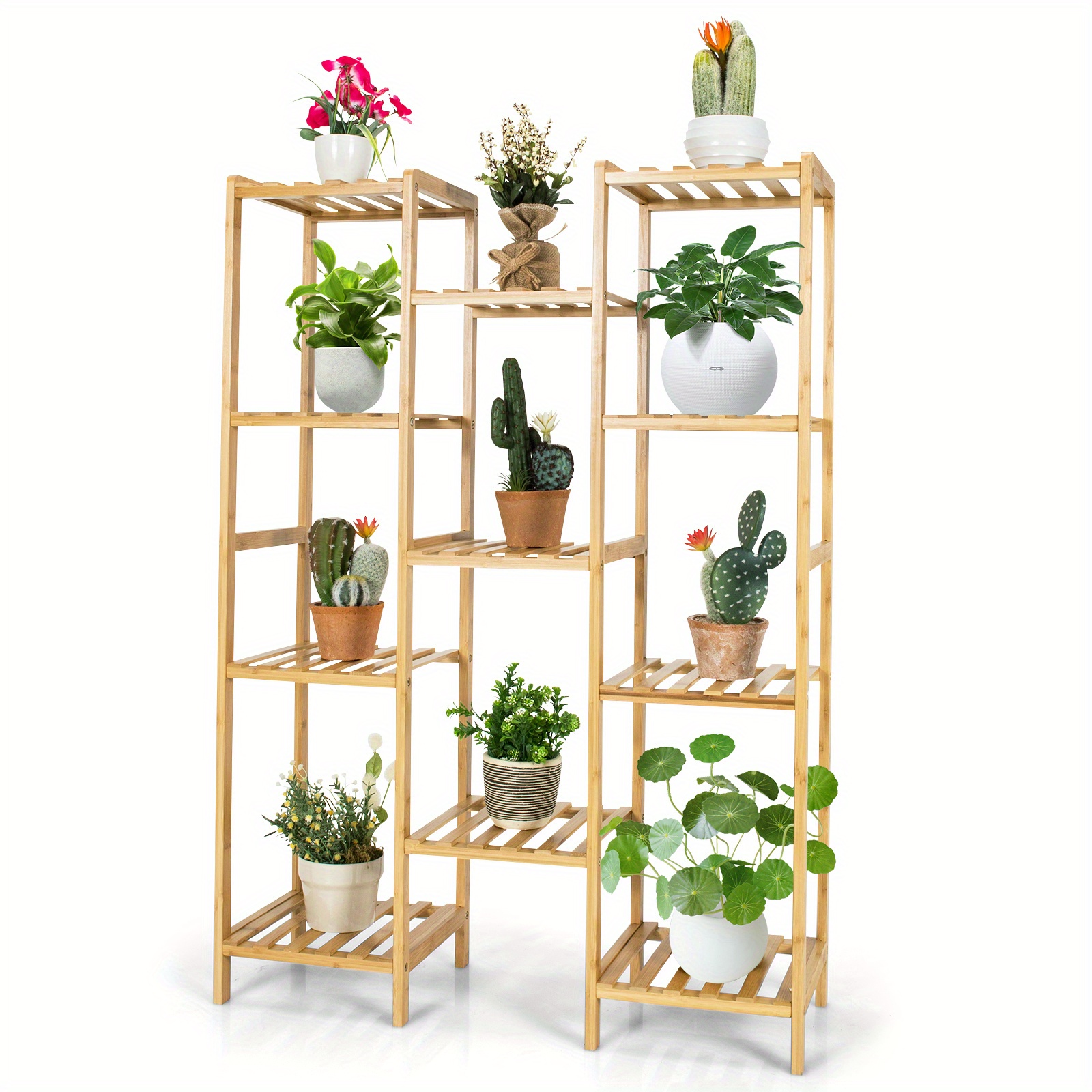 9-tier bamboo plant stand, plant shelf w/crisscross design & hanging rack,  indoor/outdoor storage shelf for plants, books, decorations, anti-tip kits  included - patio, lawn & garden - Temu