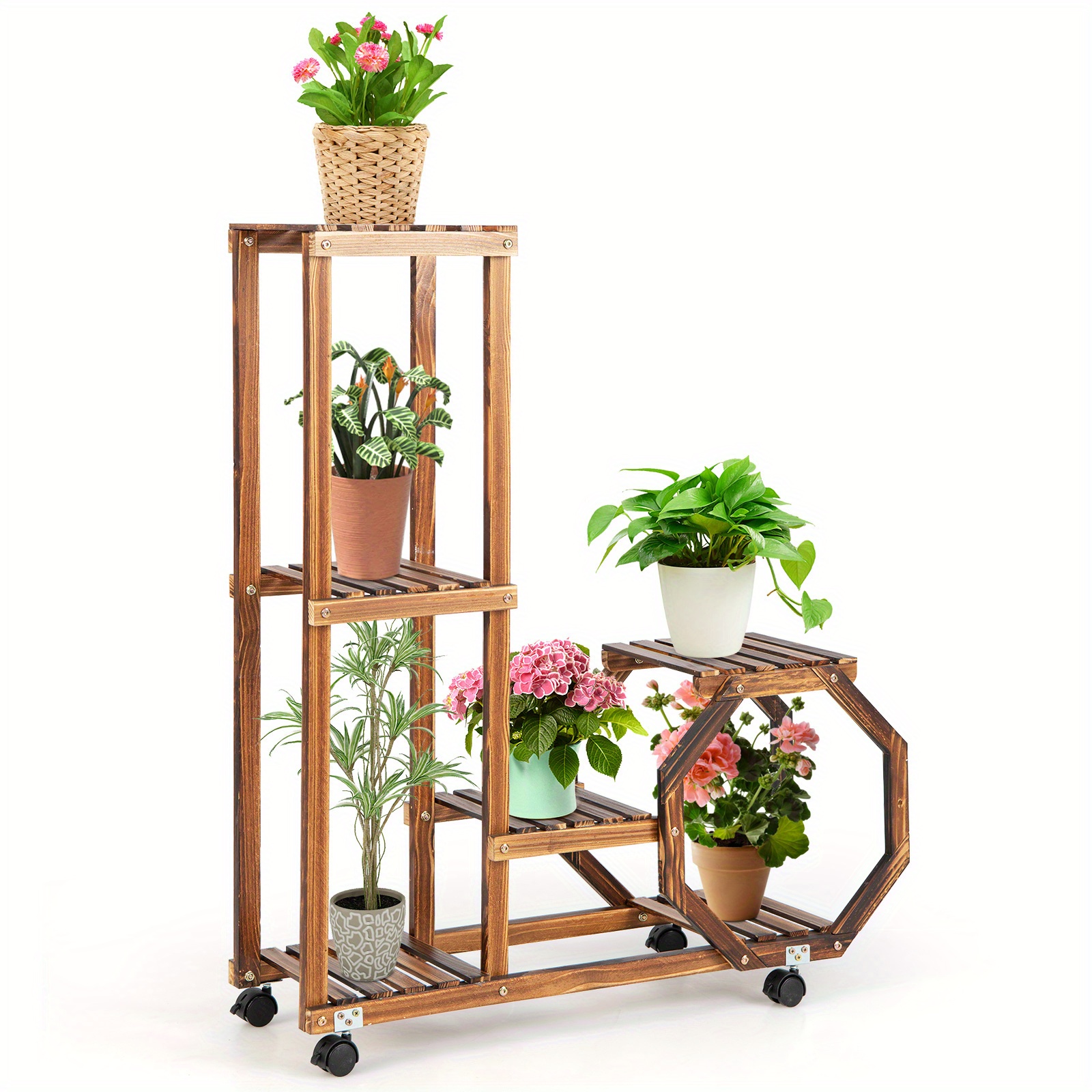 

Costway 6-tier 6 Potted Rolling Plant Stand Wooden Storage Display Shelf Rack W/wheels