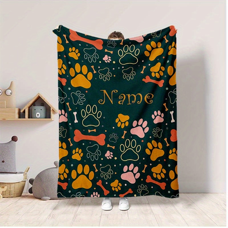 

Personalized Dog Paw Pattern Blanket With Custom Name - Polyester Fiber, Chunky Knit Weave, Machine Washable, All-season Travel & Nap Blanket - Ideal Anniversary Gift