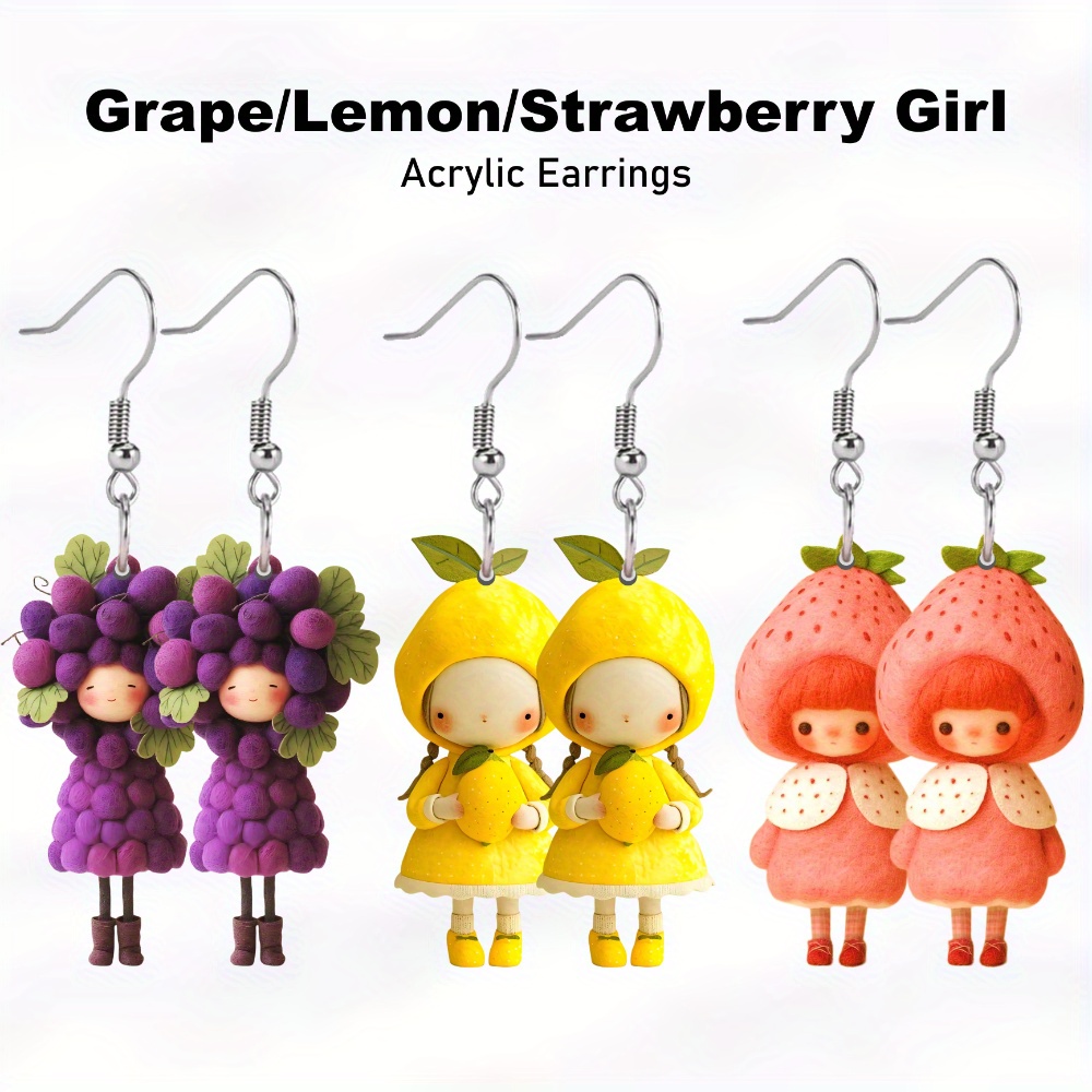 

Charming Fruit-themed Acrylic Earrings - Grape, Lemon, Strawberry Designs | Cute & Quirky Jewelry For Women | Perfect Creative Gift