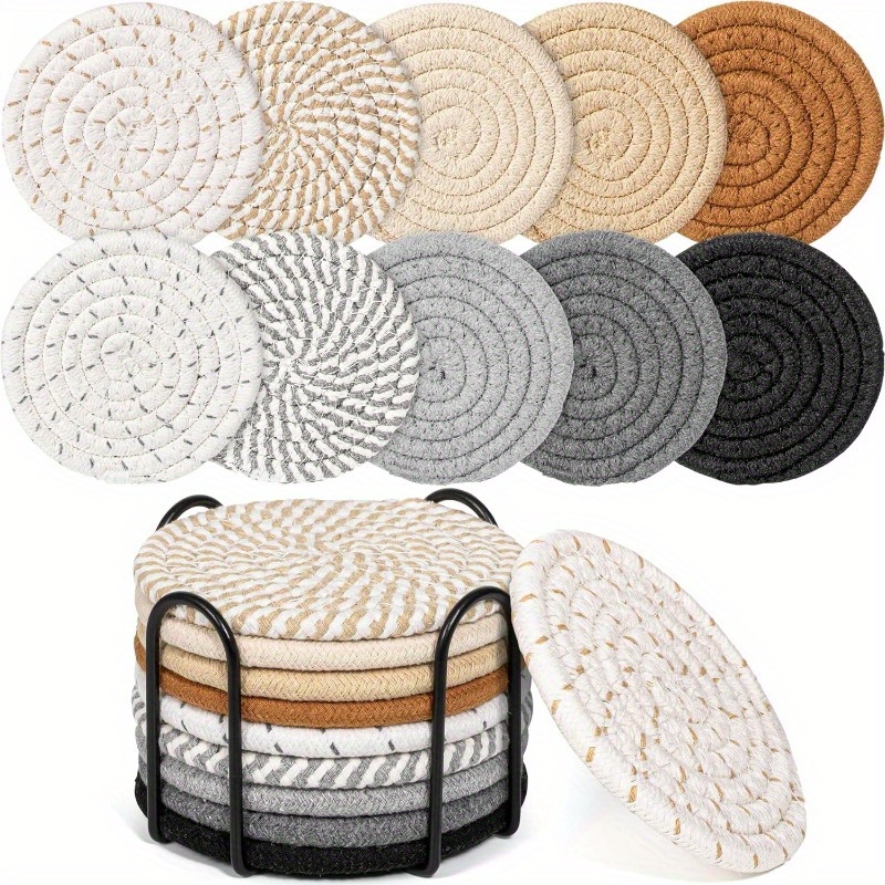 

Minimalist Woven Coasters Set (4pcs/8pcs) With Stand - Absorbent Polyester Drink Mats For Coffee Table, Elegant Home Decor & Tabletop Protection