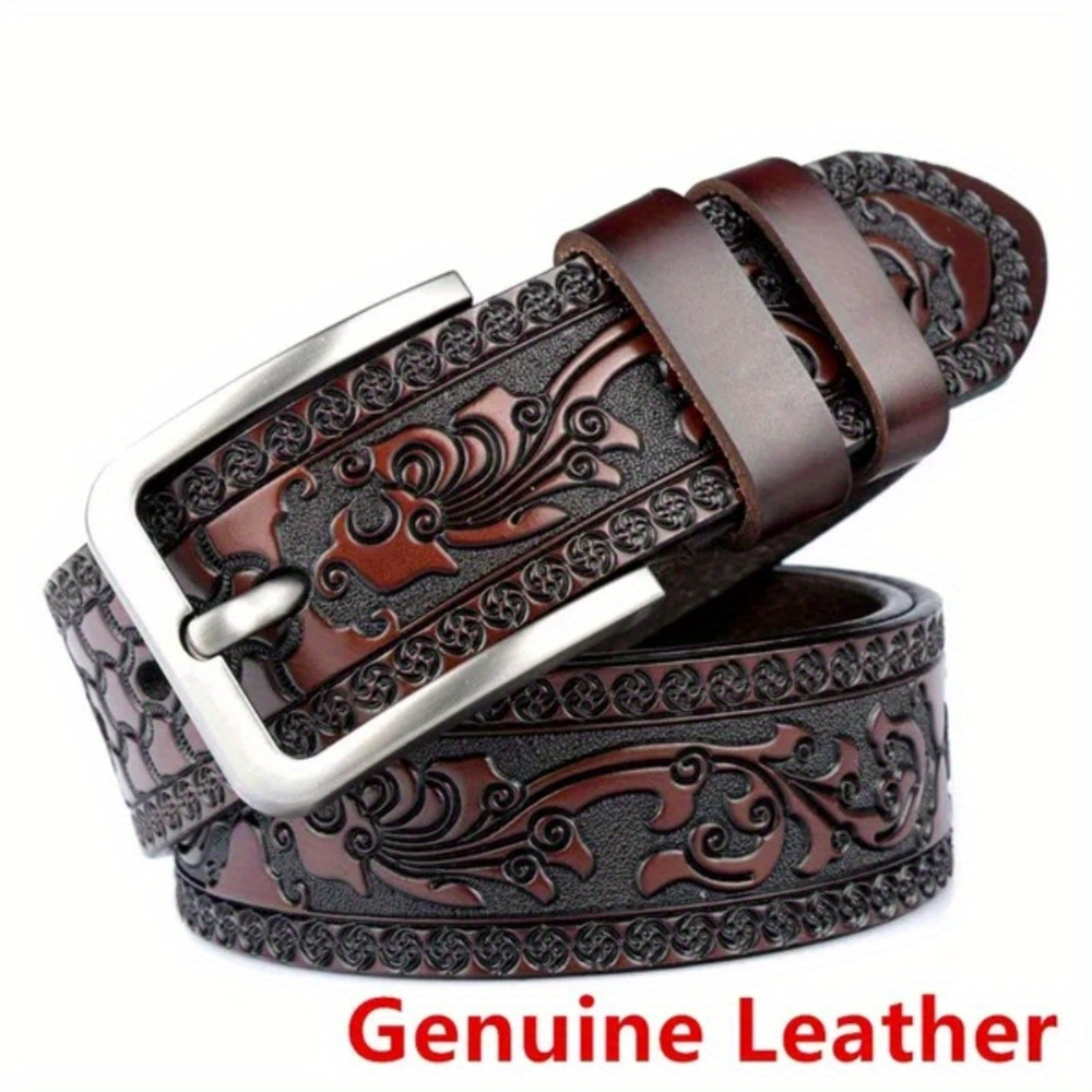 

Elegant Men's Genuine Leather Belt With Embroidered Detail And Square - & , Ivory