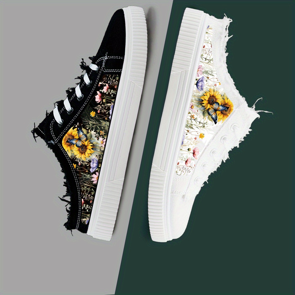 Sunflower Print Unisex Canvas Sneakers, Casual Sport Skate Shoes, Lace-Up Low Cut Sports Shoes