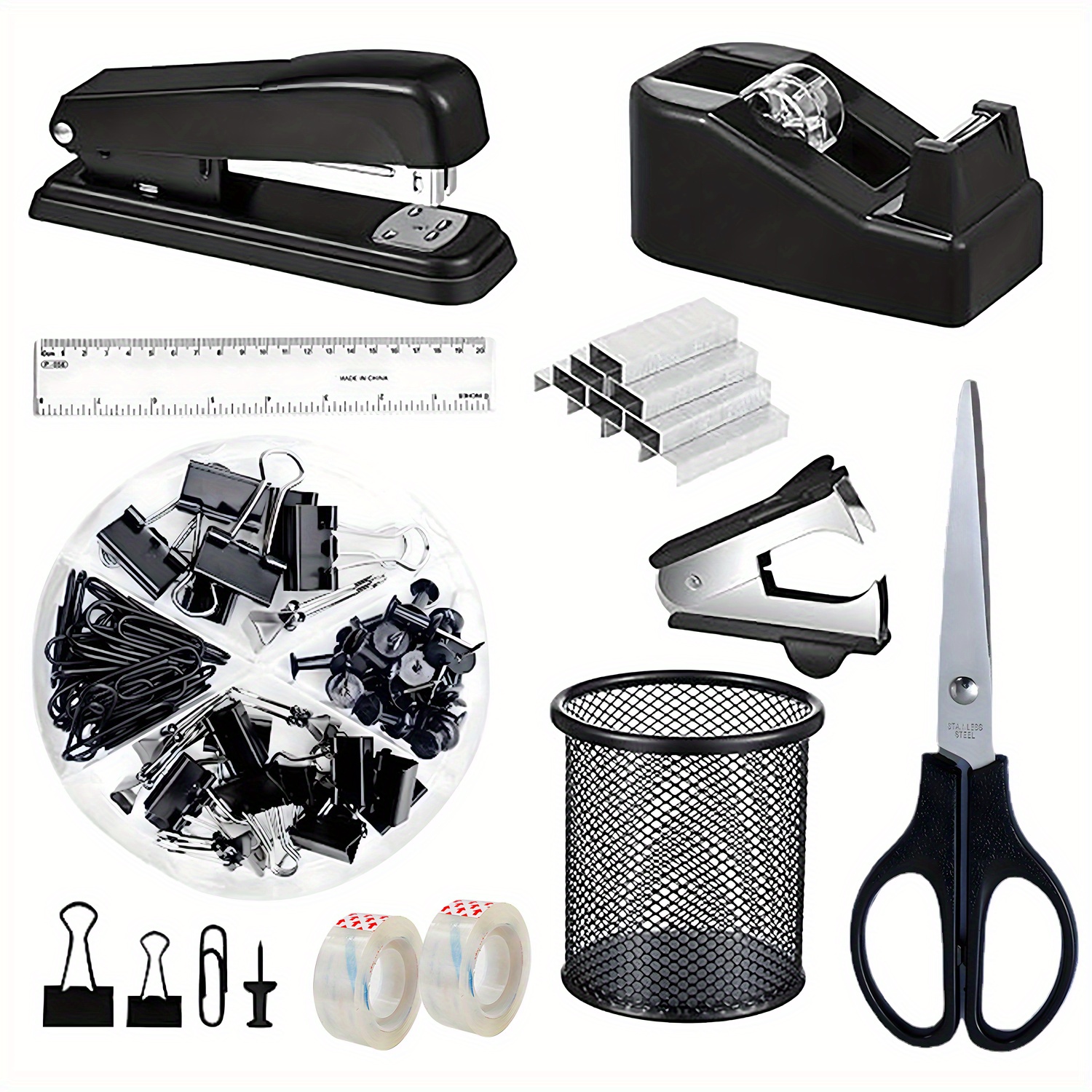 

Complete Black Desk Accessory Kit: Stapler, Tape Dispenser & More - Office Supplies Set With Scissors, Clips, Pens & Storage Box - Students & Professionals