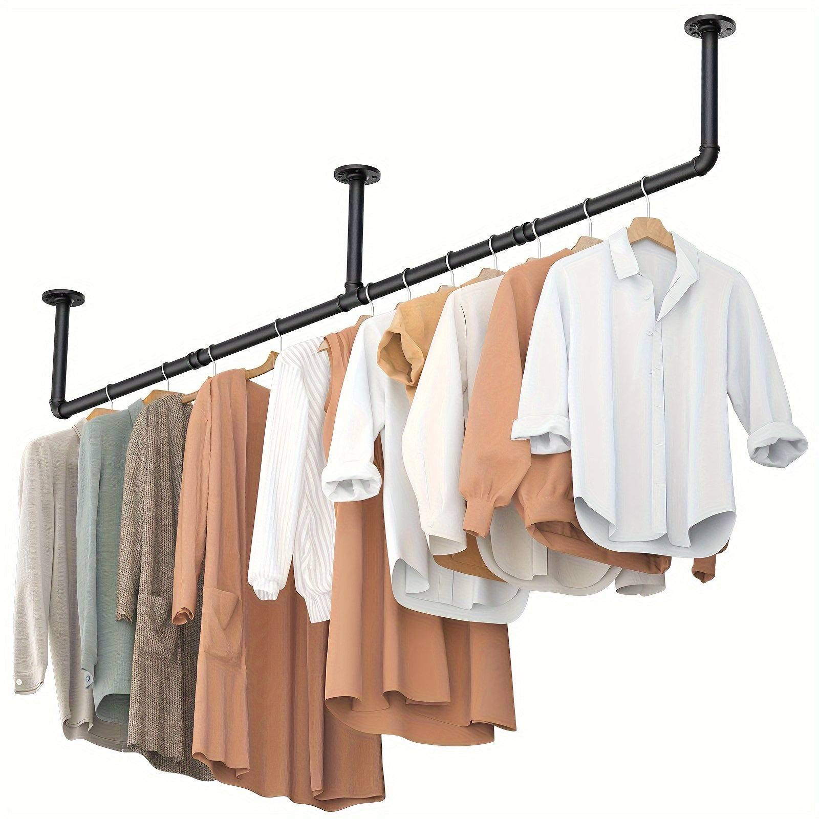 

Industrial Pipe Wall Mounted Garment Rack, Heavy Duty Metal Clothes Hanger, Space Saving Clothing Storage Rack For Pants And Clothes - Black (1 Pack)