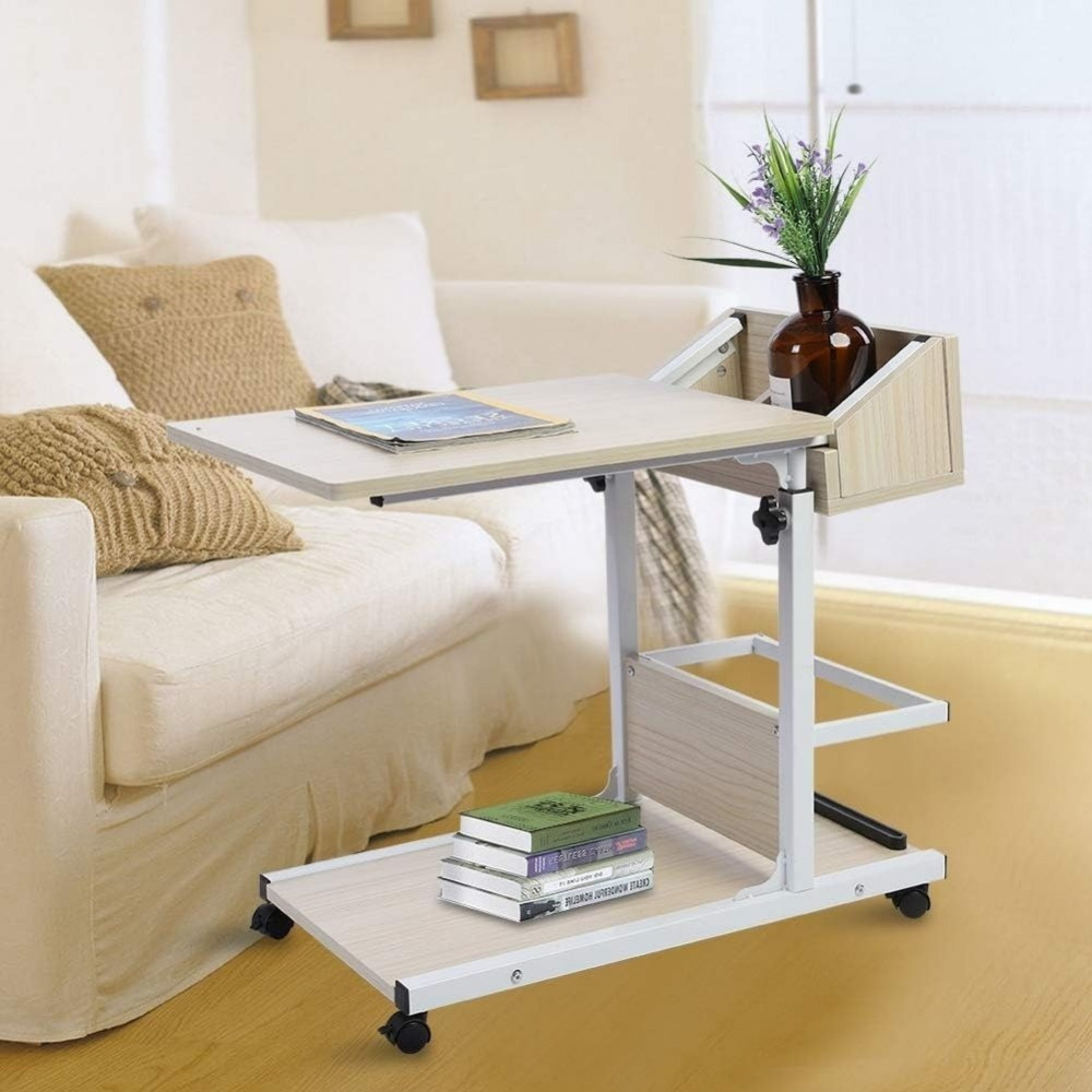 

Portable Laptop Desk With Wheels, Storage Drawer, Height For Bed Sofa, Solid Structure (white)