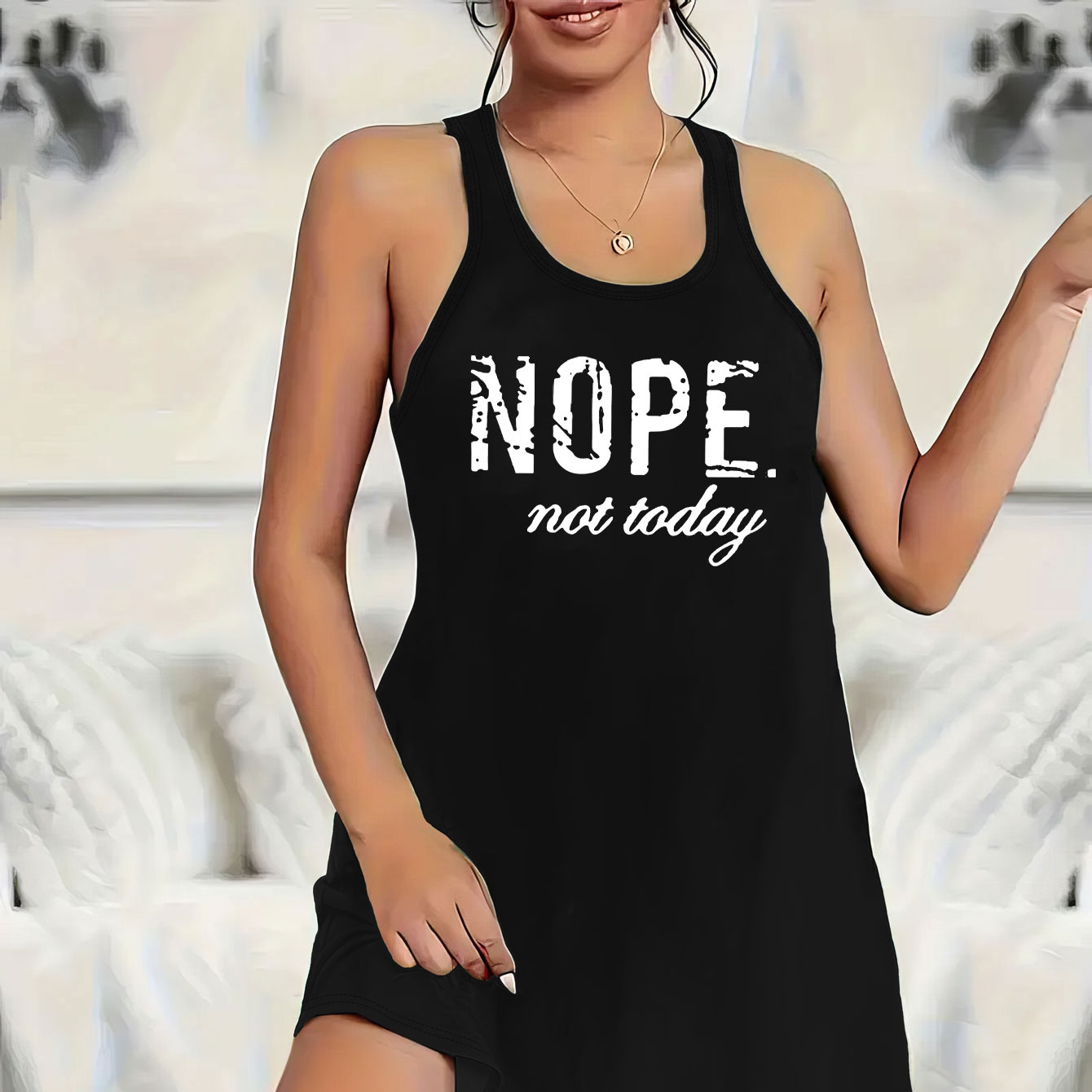 

Women's Casual Slogan Print Lounge Dress, Comfortable Racer Back Curve Hem Tank Dress With Crew Neck Design