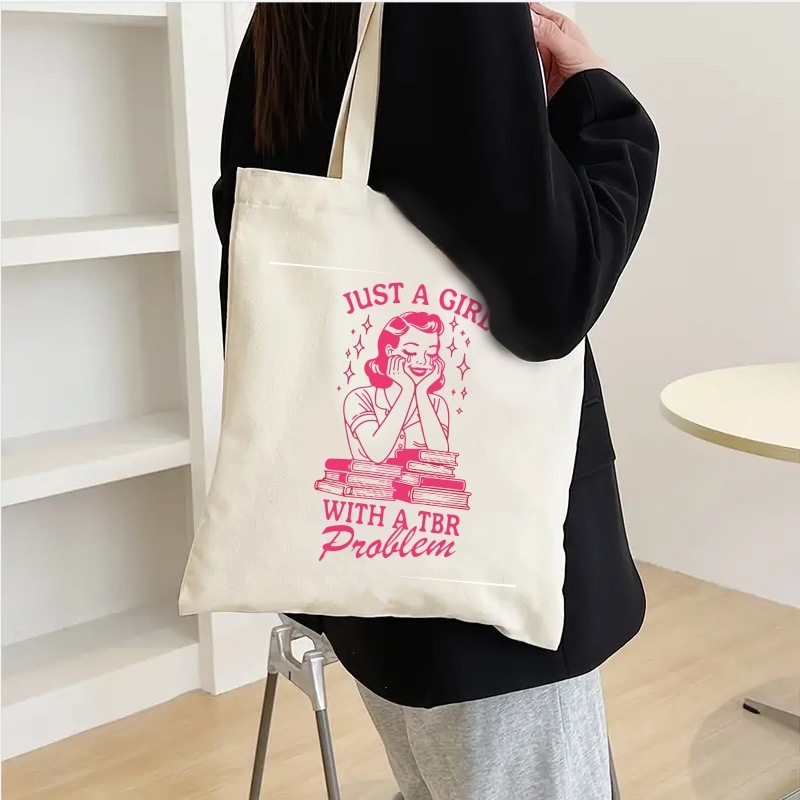 

Just A Girl With A Tbr Problem" Fashion Canvas Tote Bag Set - Large Capacity, Durable Shoulder Bag With Extended Strap & Coin Purse - Perfect For Shopping & Gifts