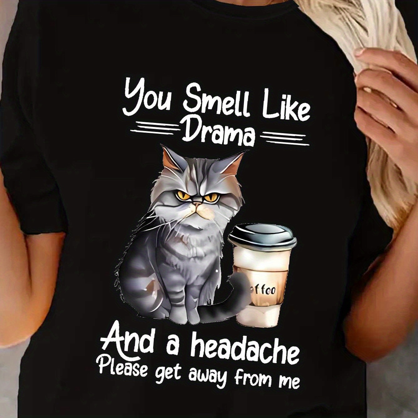 

Coffee & Cat Sports T-shirt, Short Sleeve Crew Neck Comfortable Top, Women's Clothing