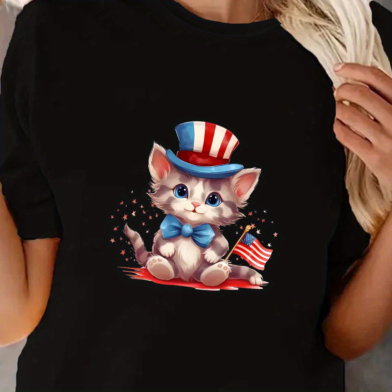

Independence Day Kitty Print Round Neck T-shirt, Sports Trendy Short Sleeve T-shirt, Women's Clothing