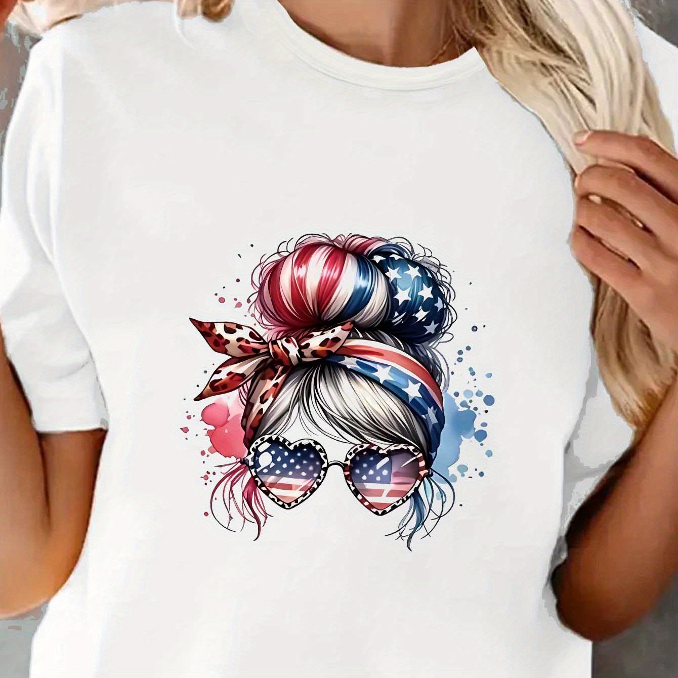 

Independence Day Girl Print Round Neck T-shirt, Casual Stretch Short Sleeve Sport T-shirt, Women's Clothing