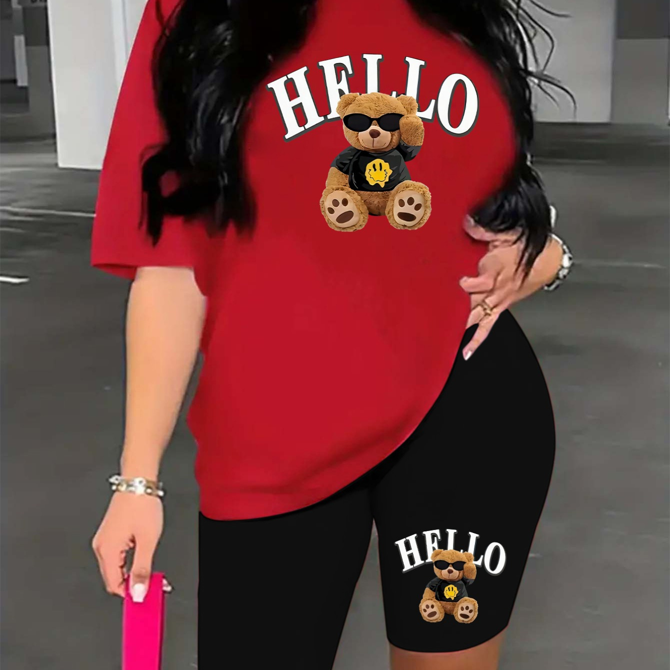 

Women's Casual Sporty Outfit Set - "hello" Teddy & Shorts, Round Neck, Machine Washable Polyester,