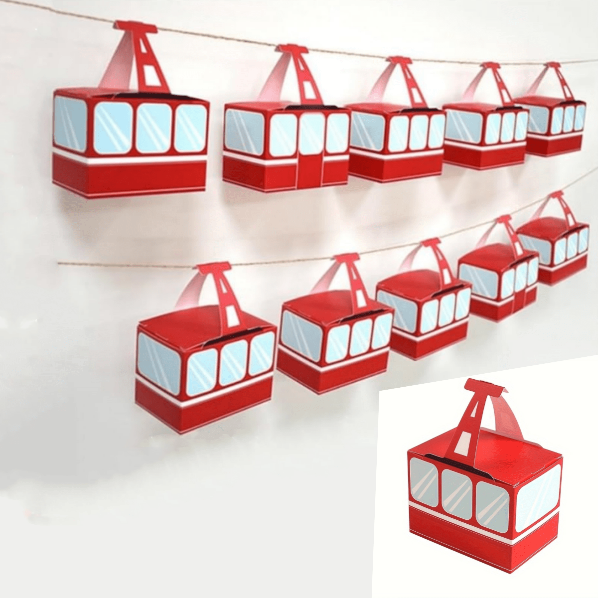 

10-piece Cable Car Themed Party Favor Boxes - Red, Foldable & Hangable Gift Banners For Birthday Celebrations, Versatile Surprise Goodie Containers