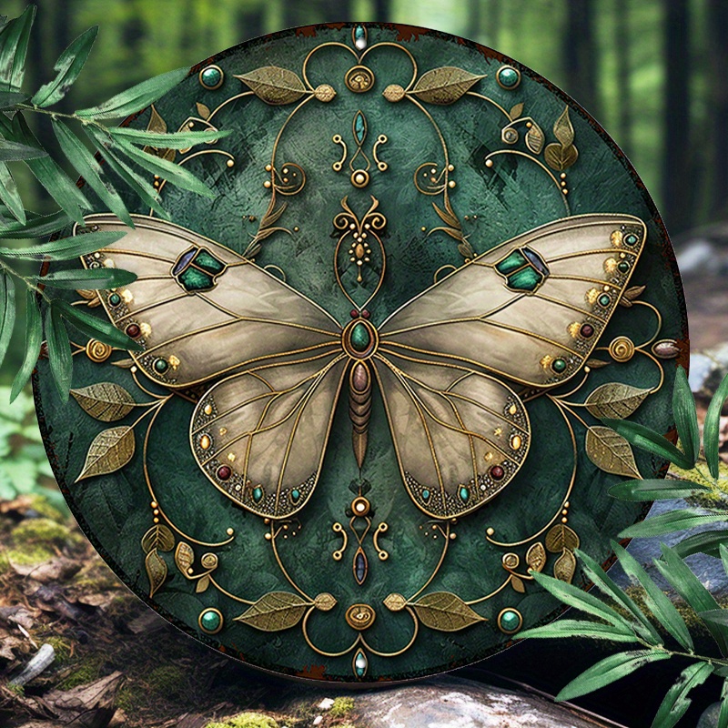 

Art Nouveau Butterfly Aluminum Metal Sign - 8x8 Inch Round Waterproof Uv Resistant Wall Decor For Home And Room, Pre-drilled Holes For Easy Display - 1pc