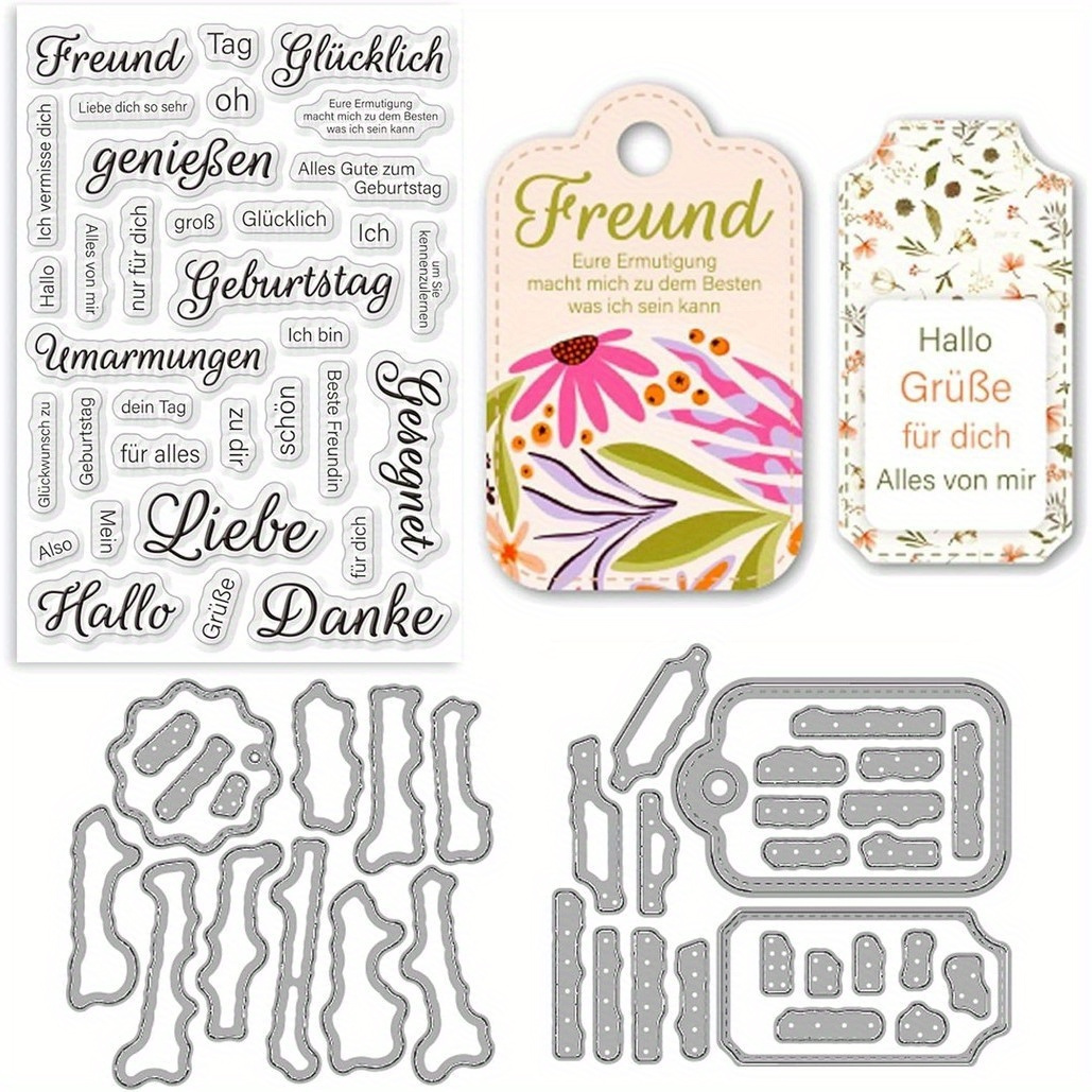 

3pcs German Birthday Celebrate Stamps And Dies For Card Making, Lets Celebrate Clear Stamps And Cutting Dies For Scrapbooking Diy Crafting Decorative