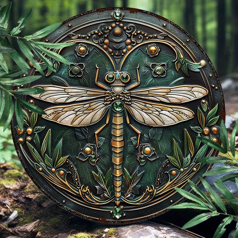 

8-inch Round Aluminum Metal Art Nouveau Dragonfly Sign - Waterproof, Uv Resistant Outdoor Home & Garden Decor - Pre-drilled Easy Hang