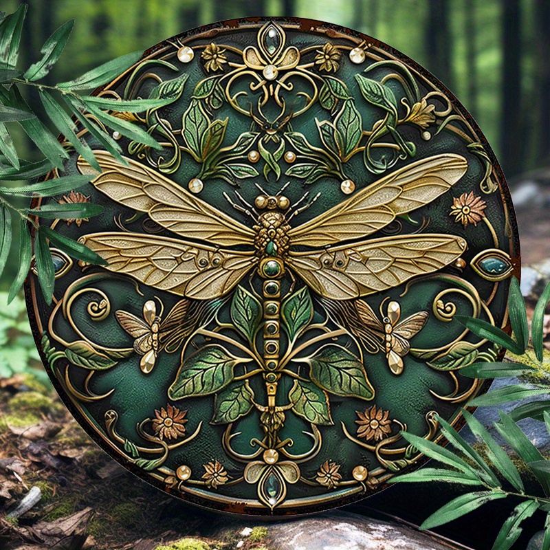 

1pc 8x8inch Art Nouveau Dragonfly Aluminum Metal Sign - Uv Resistant, Waterproof Decorative 2d Round Sign For Restaurant & Home Decor