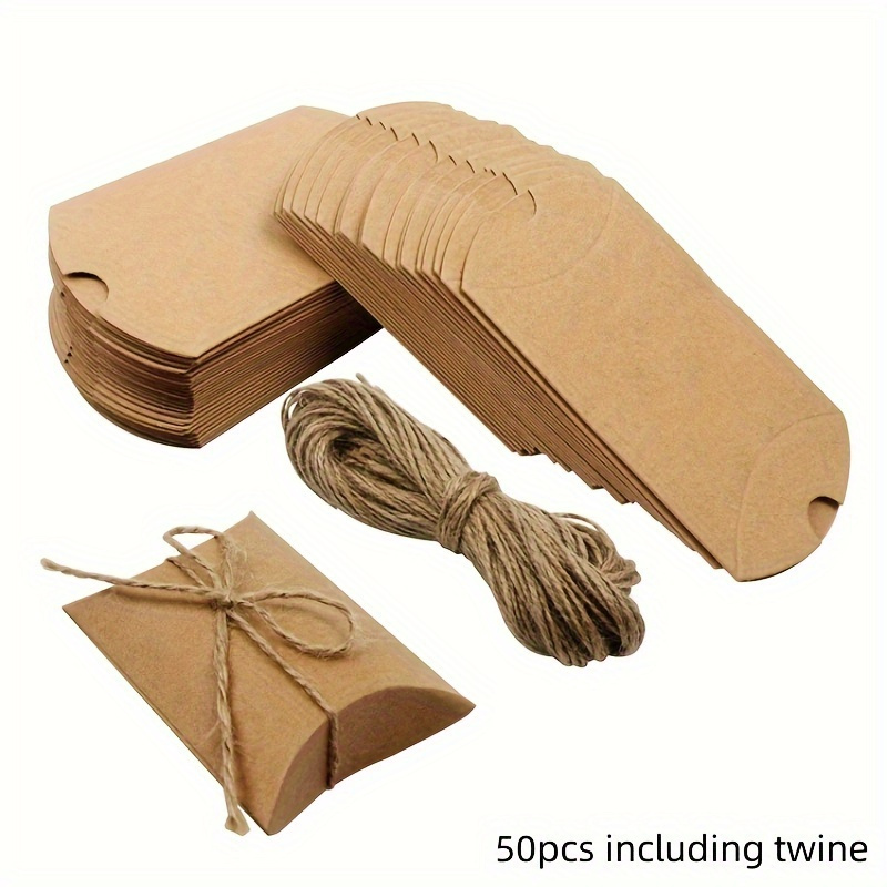 

50pcs Paper Pillow Gift Boxes With Twine For Jewelry, Wedding Favors, Party Gifts, Small Business Supplies, Packaging, Wedding Decorations