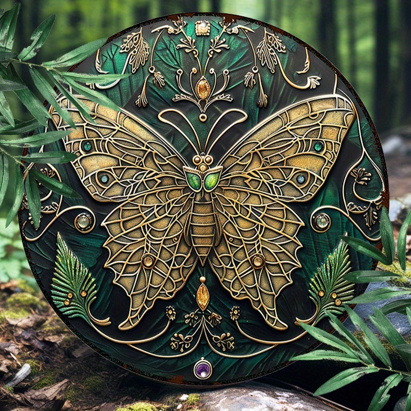 

Art Nouveau Butterfly Aluminum Metal Wall Art Sign - 8 Inch Round Uv Resistant Waterproof Decor For Room & Garden - Easy To Hang