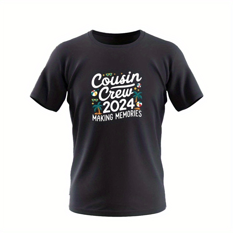 

Men's Versatile Short Sleeve T-shirt " Cousin Crew Memories" Print, Stylish And Causal Round Neck Tee With Summer & Spring Trendy Top For Daily Wear