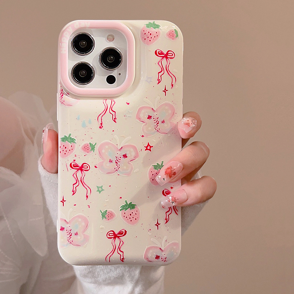 

Cute Pink Butterfly Strawberry Phone Case For 15/14/13/12/11/x Series - Tpu Material Protective Cover With Trendy Design - Durable And Flexible Shell For Girls