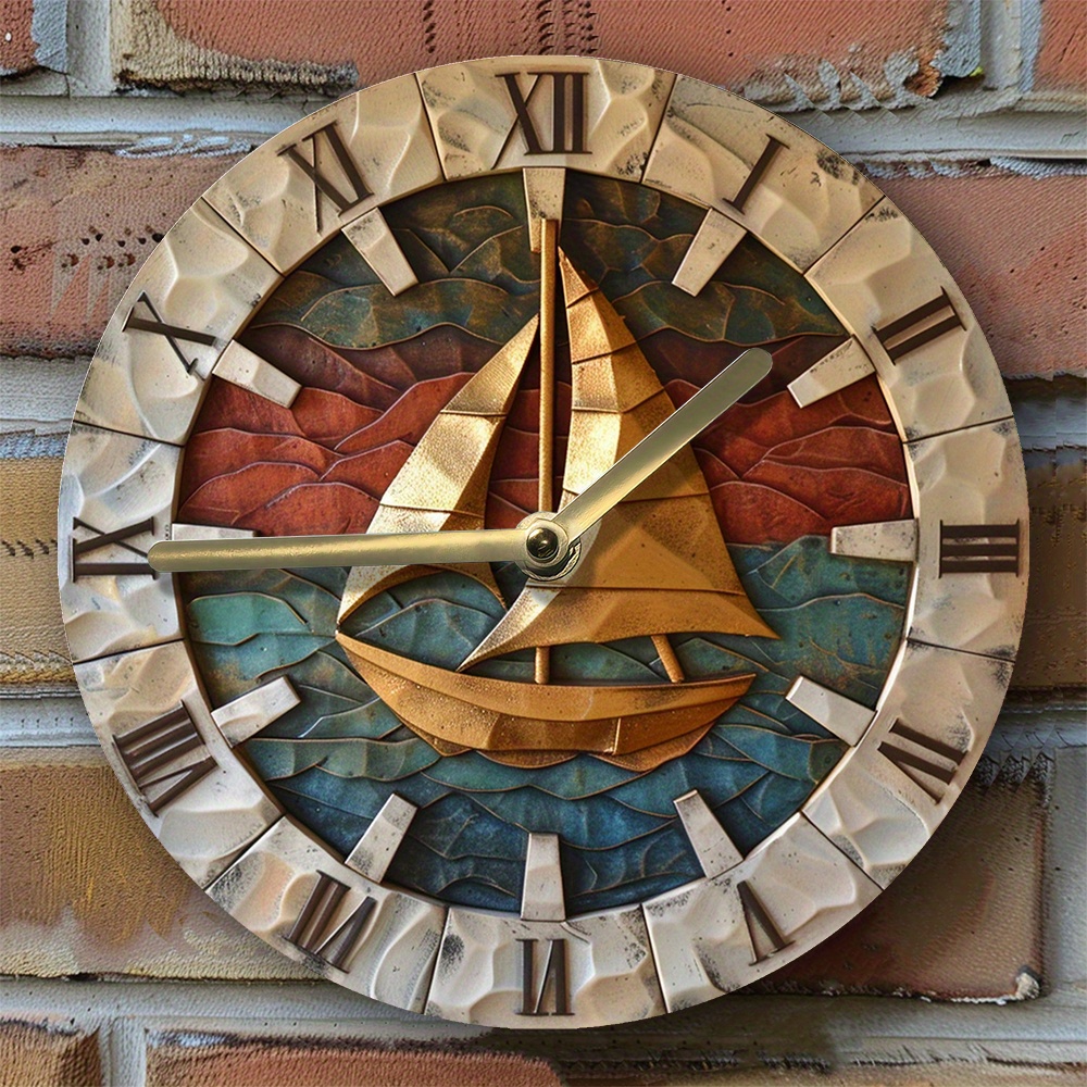 

1pc 8x8 Inch 2d Effects Silent Wall Clock Aluminum Metal Diy Clock Winter Living Room Decor Pet Lovers Easter Gifts Sailboat On Theme Decoration G97