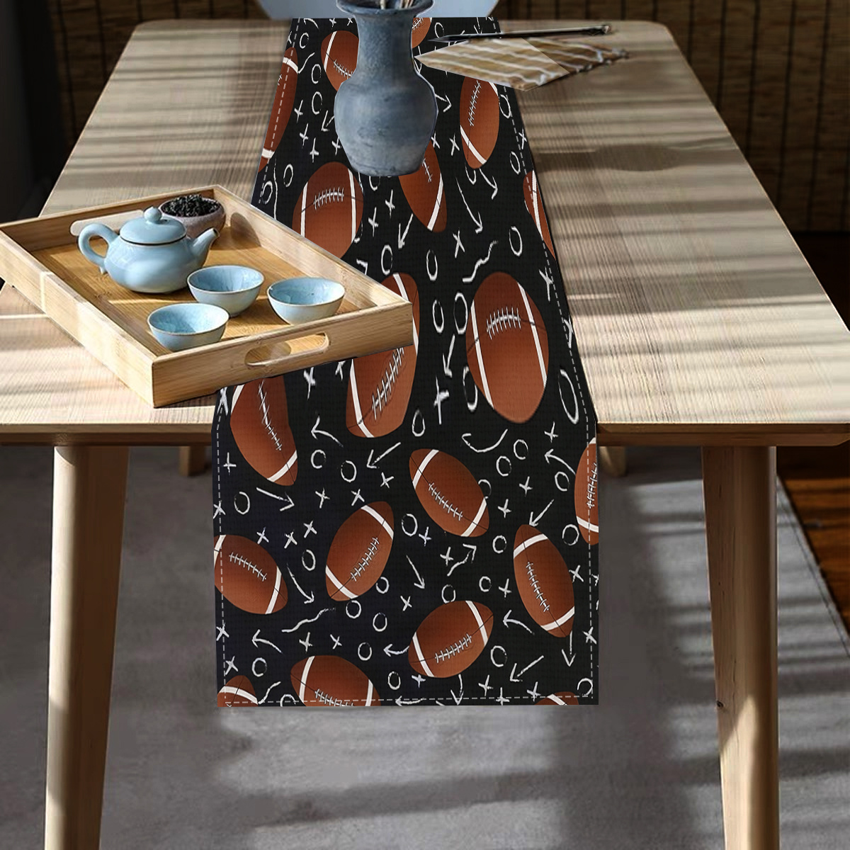 

1pc Black Football-themed Table Runner - Elegant Linen Fabric, Parties &