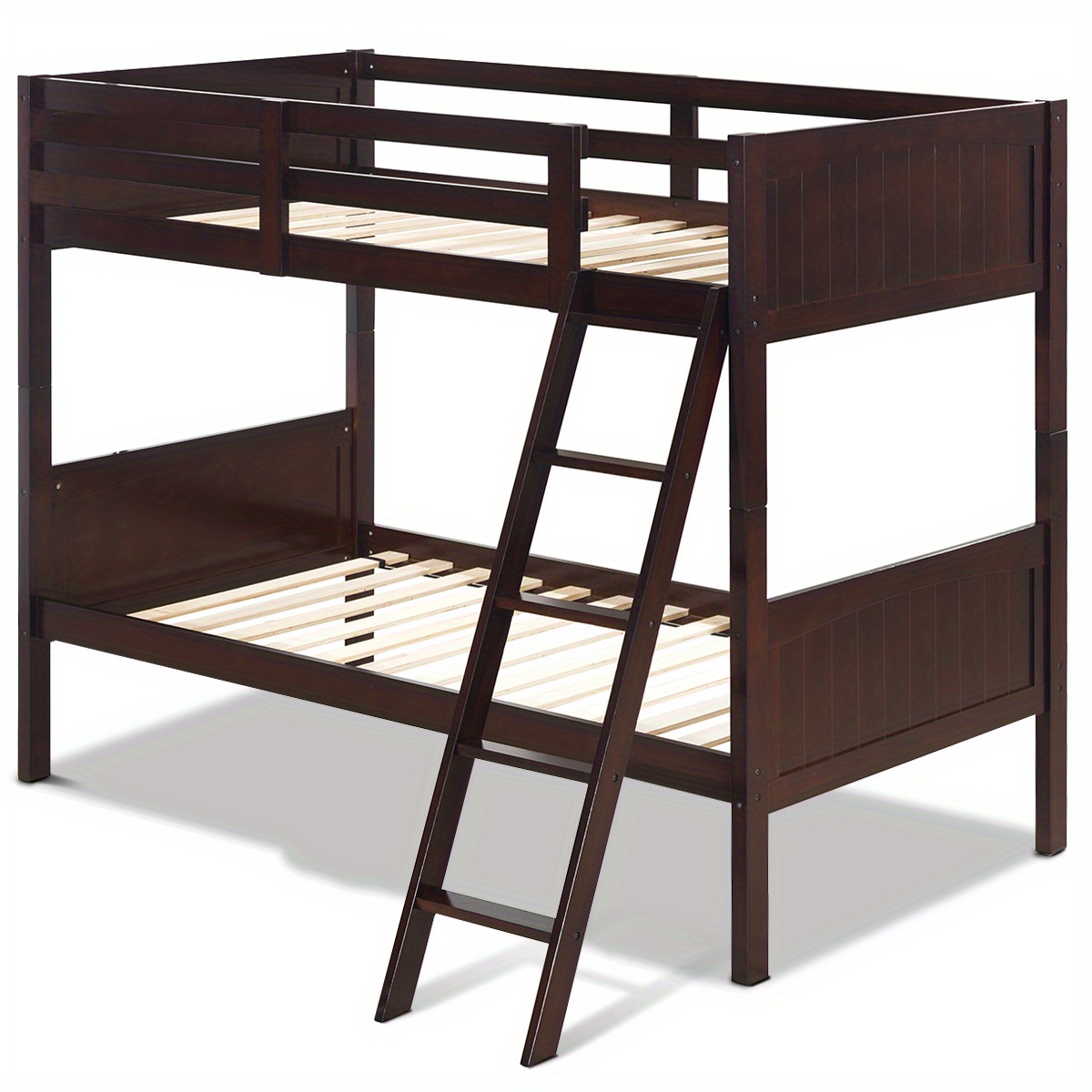 

Costway Wooden Twin Over Twin Bunk Beds 2 Individual Twin Beds Ladder Guardrail Espresso