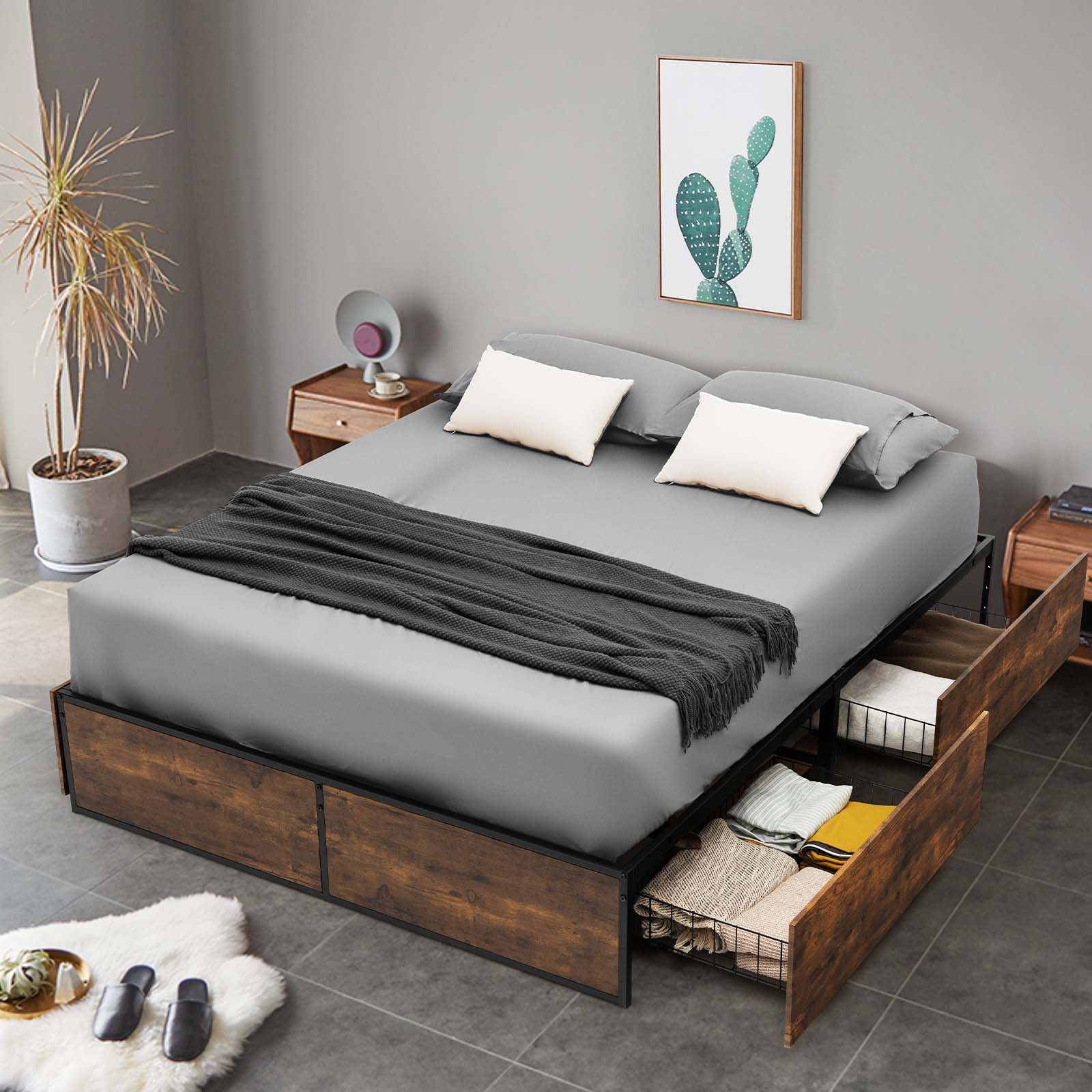 

Costway Full Industrial Platform Bed Frame With 4 Drawers Storage Mattress Foundation