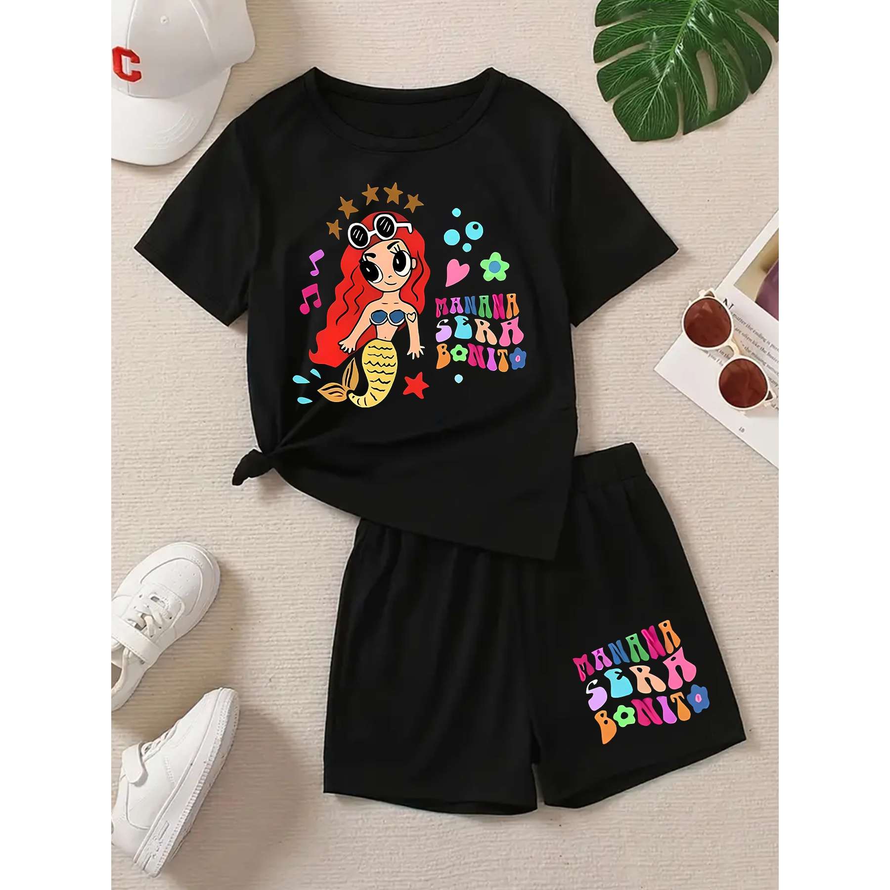 

2pcs Girls Casual Mermaid Print Comfortable Versatile Short Sleeve T-shirt & Shorts Set, Cute, Lightweight And Comfy Summer Clothes