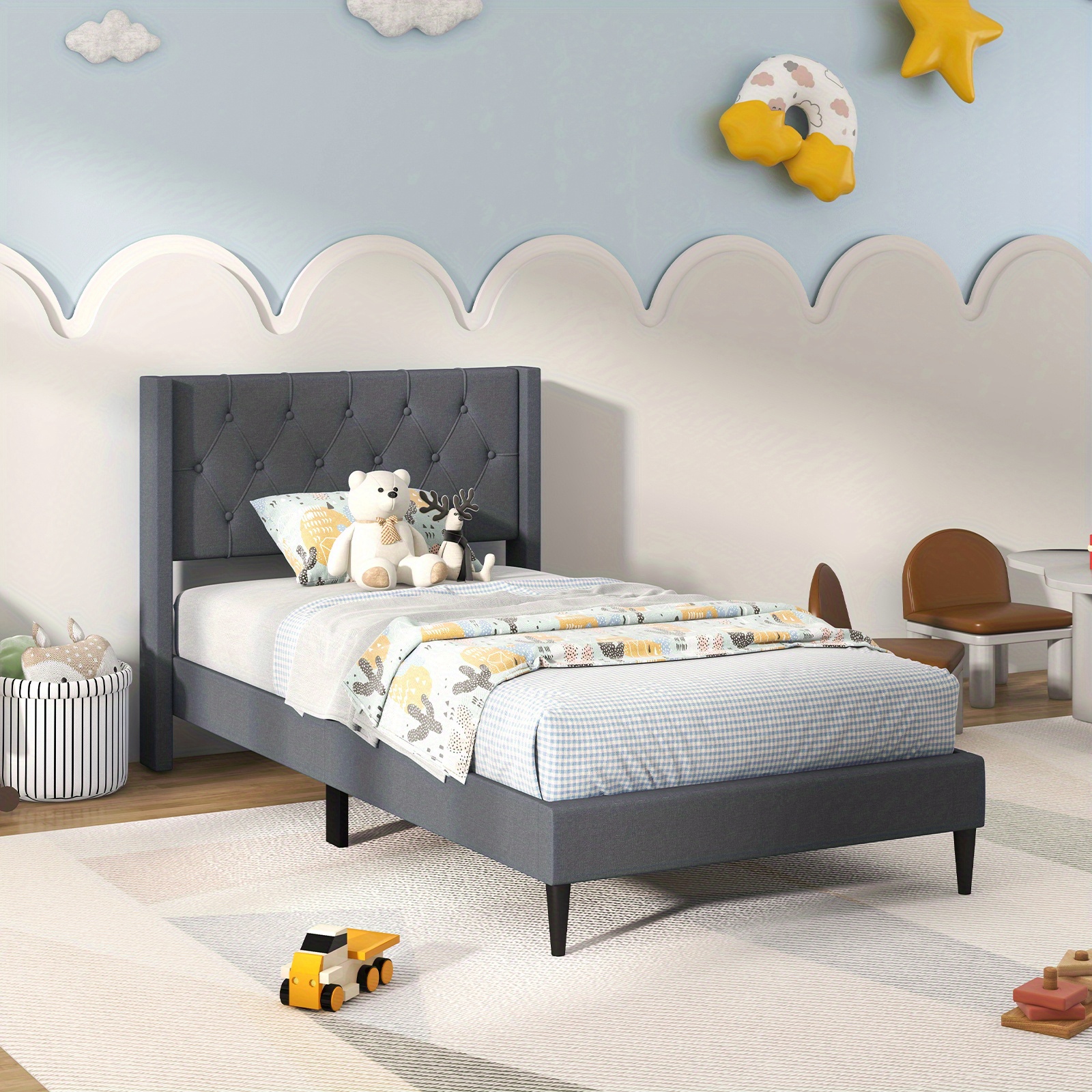 

Costway Twin Size Upholstered Platform Bed With Button Tufted Wingback Headboard Grey