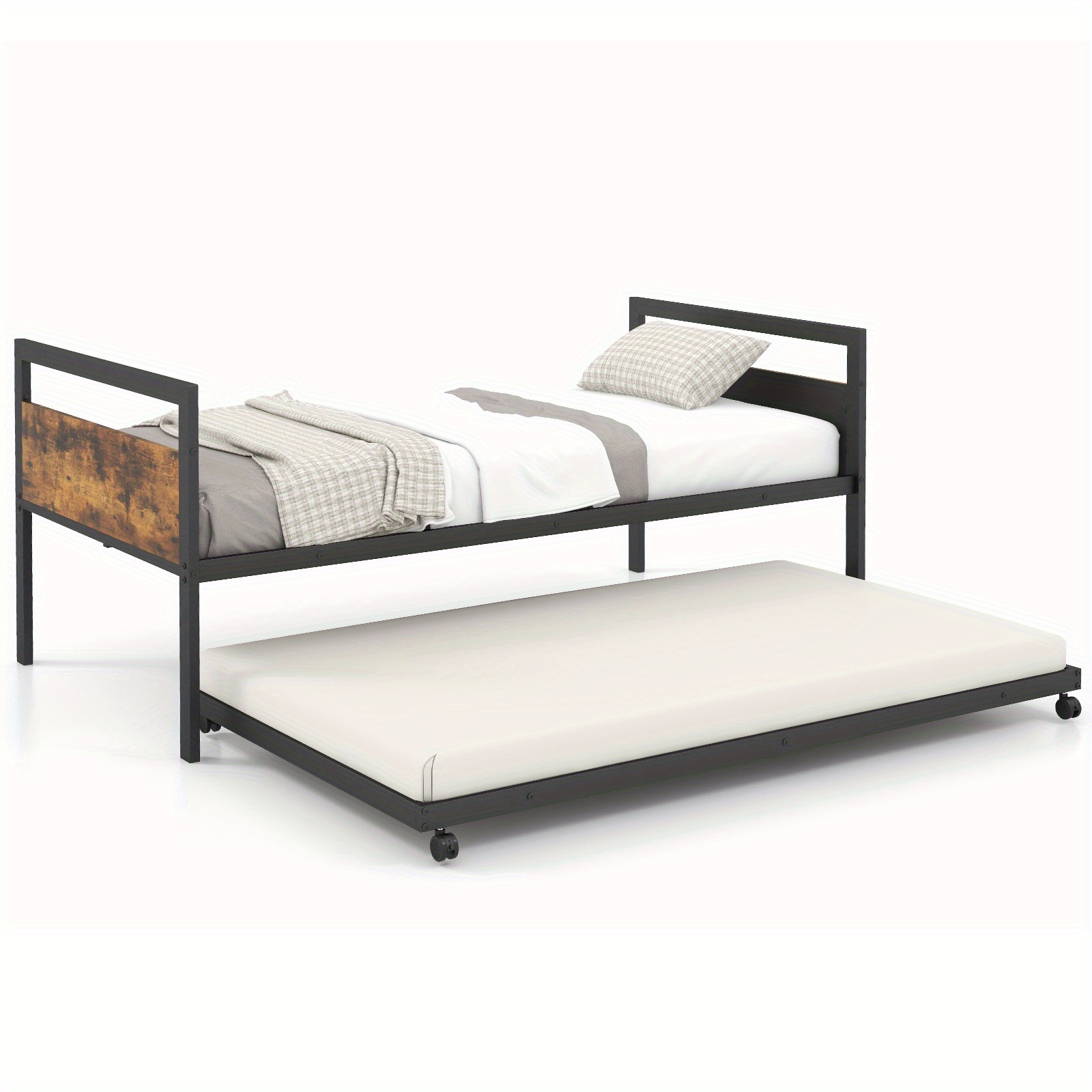 

Costway Twin Metal Daybed With Trundle Lockable Wheels Heavy Duty Metal Slats Support