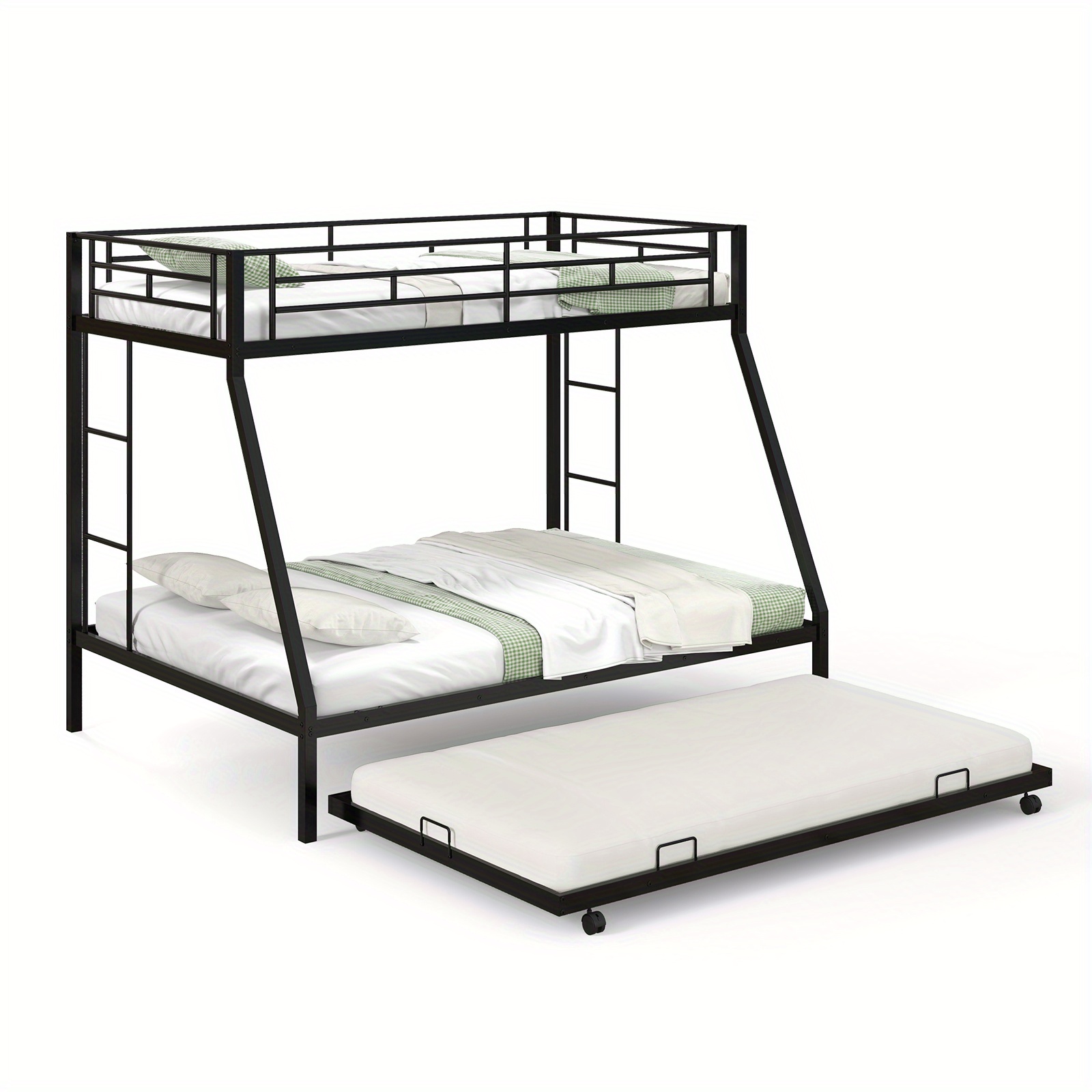 

Costway Twin Over Full Metal Slats Bunk Bed Frame W/ Trundle, Guard Rail & Ladders Black