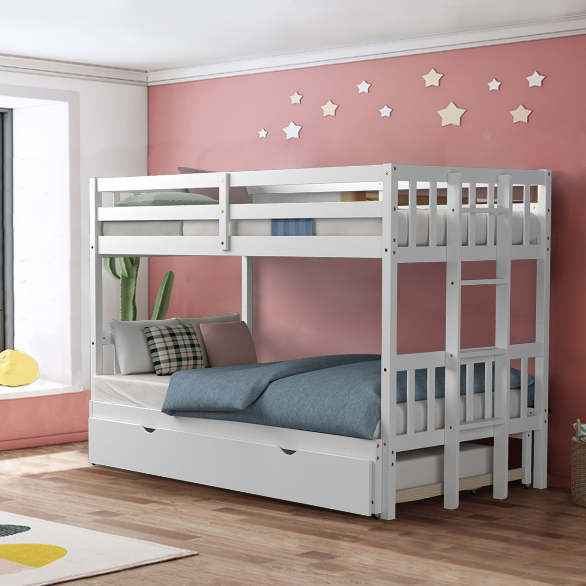 

Costway Twin Over Twin/-out Bunk Bed W/ Trundle Wooden Ladder White