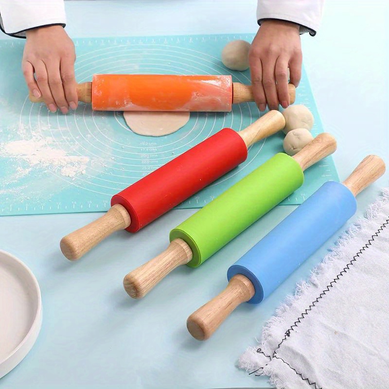 

Premium Silicone Rolling Pin With Wooden Handle - Pasta, Cookies & Dough - Essential Kitchen Baking Tool