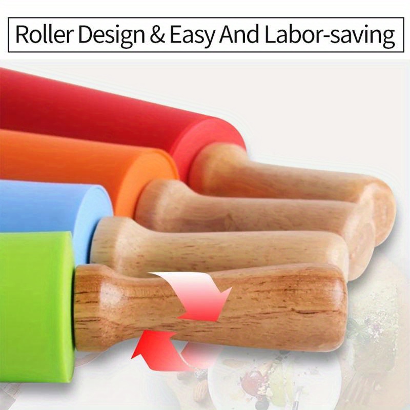 premium non stick silicone rolling pin with wooden handle   pasta   dough essential kitchen baking tool details 3