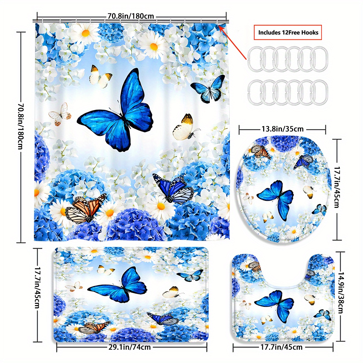 TEMU 4pcs Blue Butterflies And Flowers Shower Curtain Gift Modern Home Bathroom Decoration Curtain And Toilet Floor Mat 3-piece Set With 12 Shower Curtain Hooks