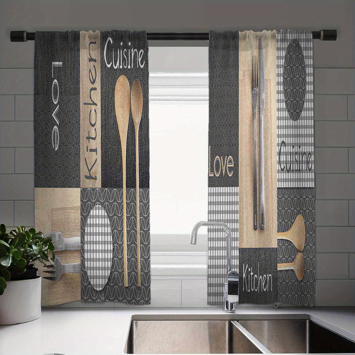 

1 Elegant Curtain And 2 Cafe Curtains - Cartoon Kitchen Tools Print Curtain, European Tableware Design - Window Decoration, For Kitchen, Farmhouse, Living Room And Bedroom Decoration