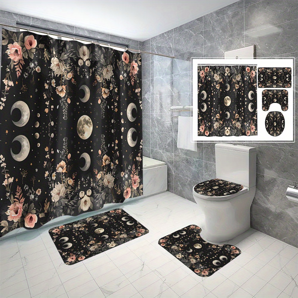 

4pcs Celestial Moon Floral Shower Curtain Set, Digital Printed Bathroom Decor, Symmetrical Moon Phases, 180x180cm With 12 C-type Hooks, Non-slip Bath Rugs