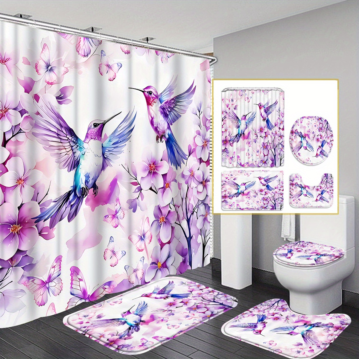 

4pcs Purple Flowers And Birds Shower Curtain Gift Modern Home Bathroom Decoration Curtain And Toilet Floor Mat 3-piece Set With 12 Shower Curtain Hooks