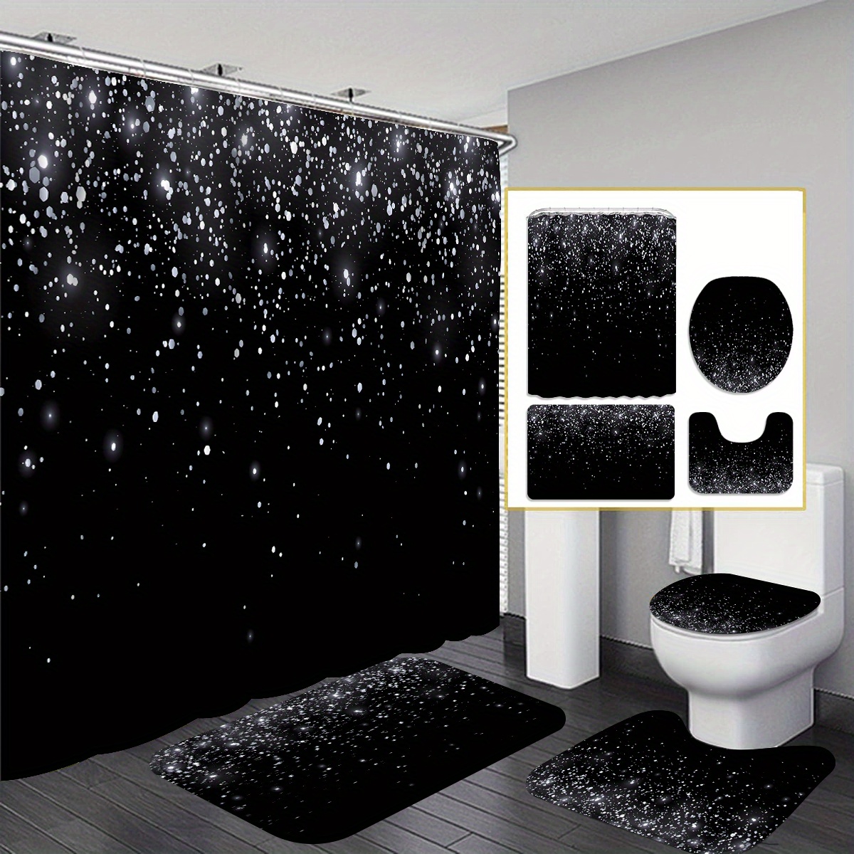 

4pcs Black Starlight Shower Curtain Gift Modern Home Bathroom Decoration Curtain And Toilet Floor Mat 3-piece Set With 12 Shower Curtain Hooks