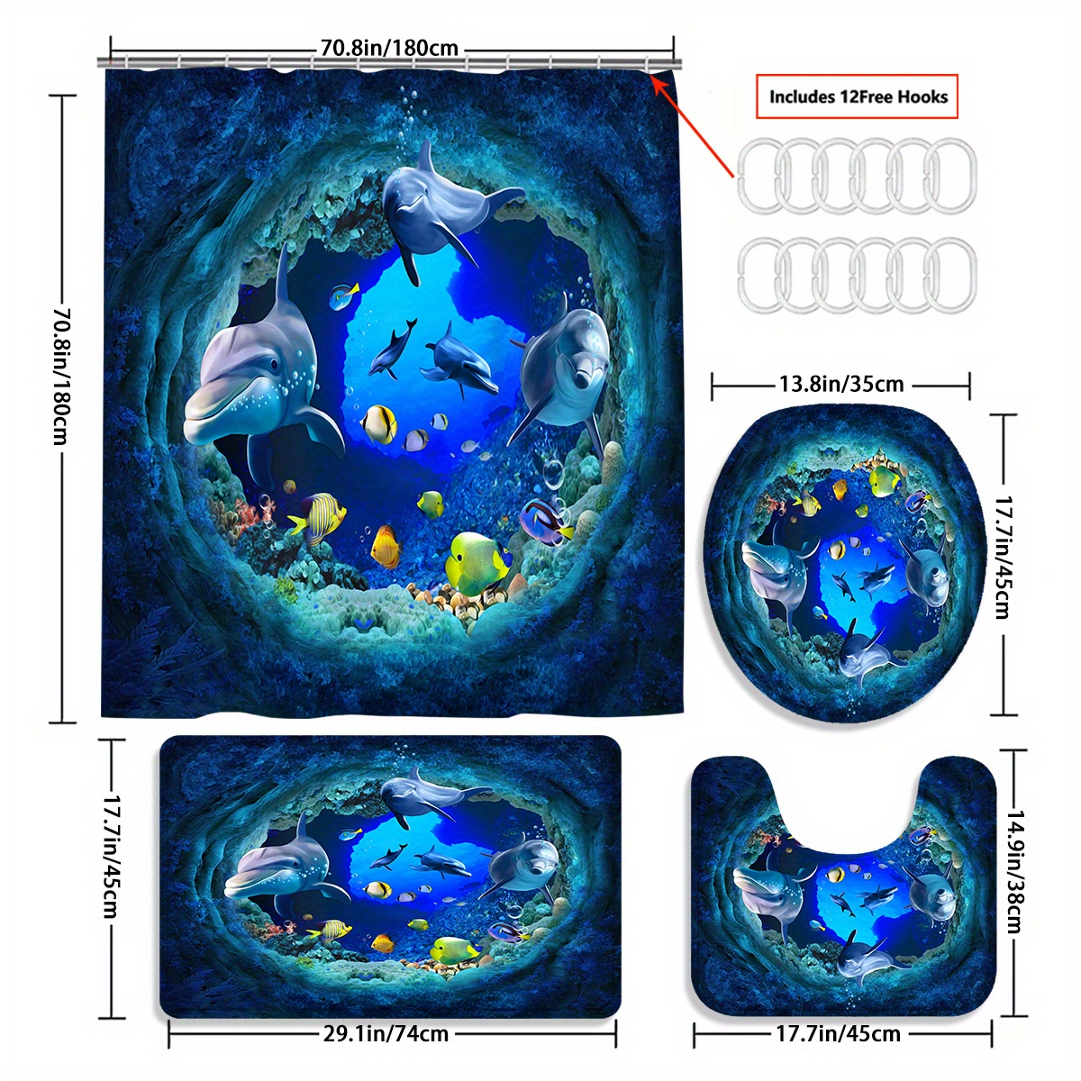 TEMU 4pcs Submarine World Shoal Shower Curtain Gift Modern Home Bathroom Decoration Curtain And Toilet Floor Mat 3-piece Set With 12 Shower Curtain Hooks