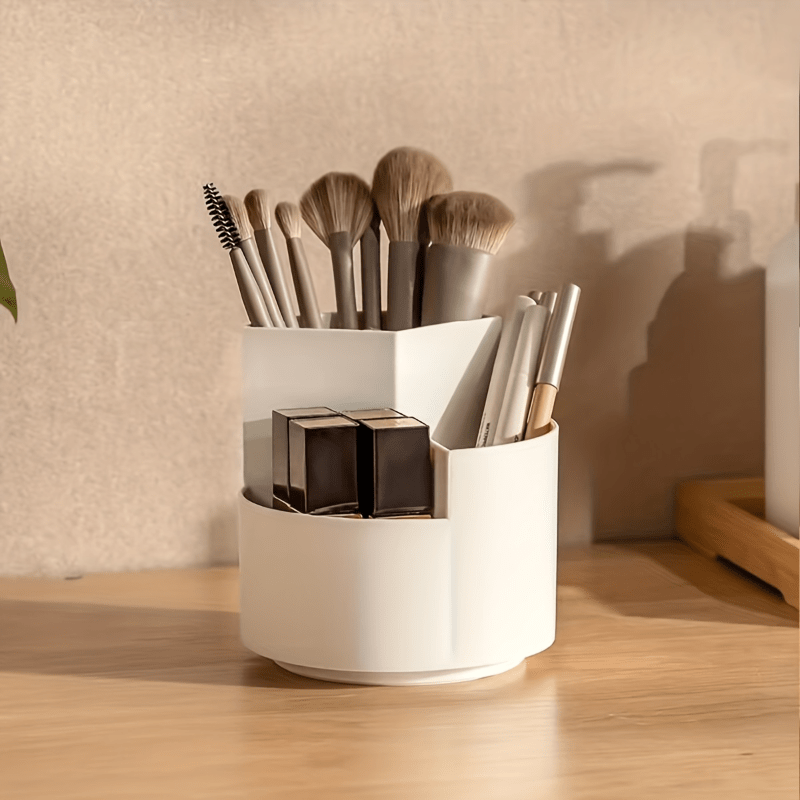 

360-degree Rotating Makeup Brush Organizer With 3 Compartments - Durable Plastic, Perfect For Pens & Cosmetics Storage, Ideal Gift For Teachers And Artists Makeup Brush Holder Makeup Drawer Organizer