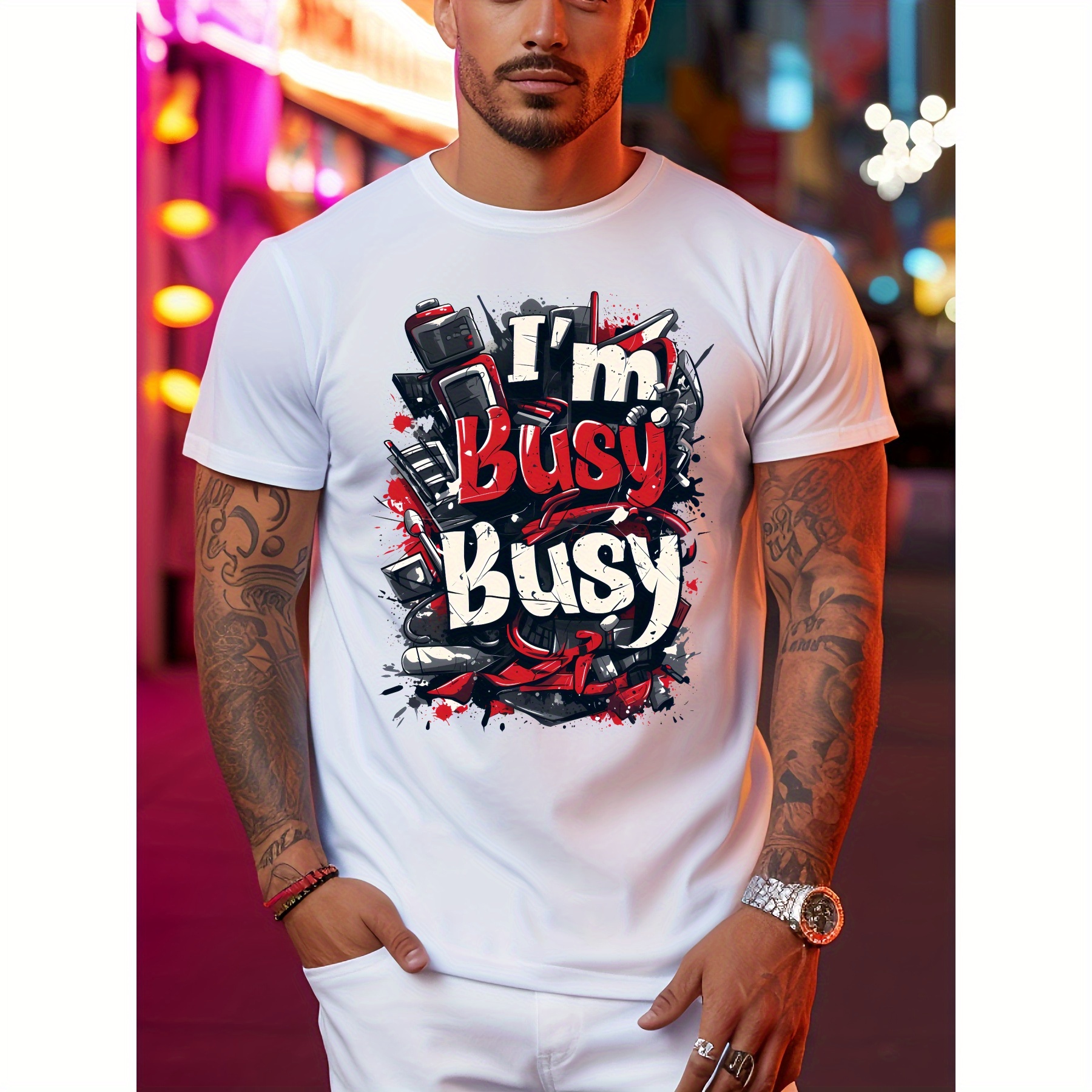 

I'm Busy Print Men's Fashionable Summer Short Sleeve Sports Crew Neck T-shirt, Comfy Trendy Tee, Comfortable And Versatile