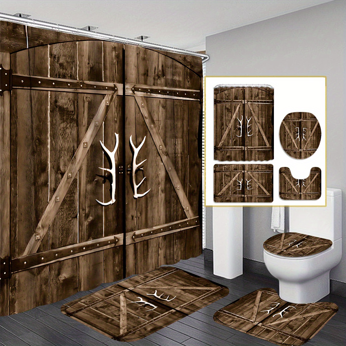 

4pcs Wooden Door Antler Handle Shower Curtain Gift Modern Home Bathroom Decoration Curtain And Toilet Floor Mat 3-piece Set With 12 Shower Curtain Hooks