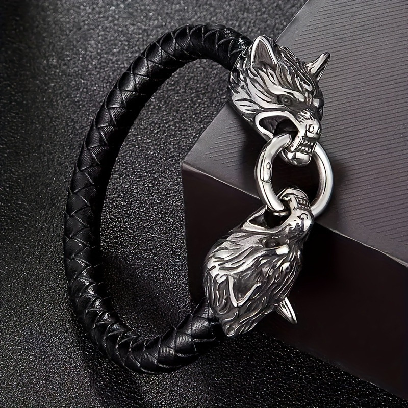 Image of Men's Vintage Hip-hop Woven Bangle Bangle Bracelet With Wolf Head Clasp - Perfect Father's Day Gift