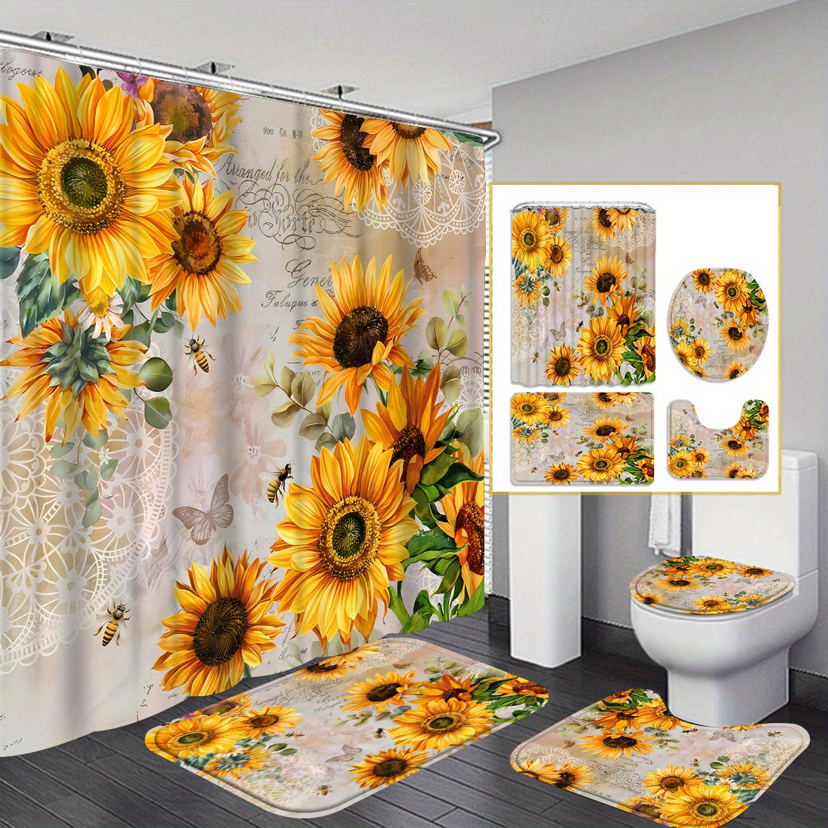 

4pcs Sunflower Shower Curtain Gift Modern Home Bathroom Decoration Curtain And Toilet Floor Mat 3-piece Set With 12 Shower Curtain Hooks