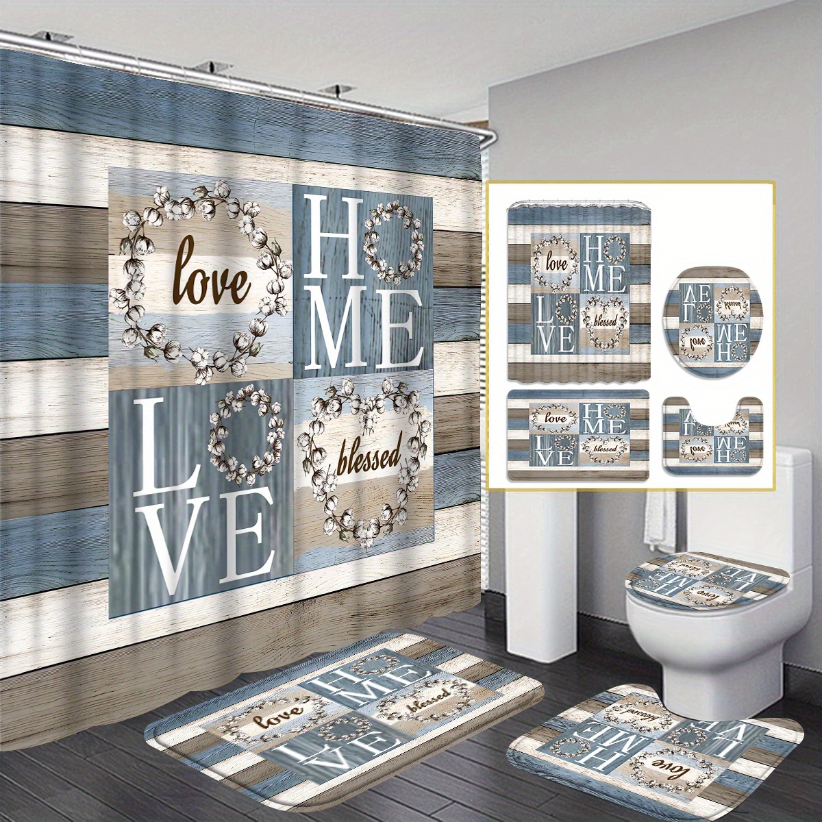 

4pcs Wood Grain Background Letters Shower Curtain Gift Modern Home Bathroom Decoration Curtain And Toilet Floor Mat 3-piece Set With 12 Shower Curtain Hooks