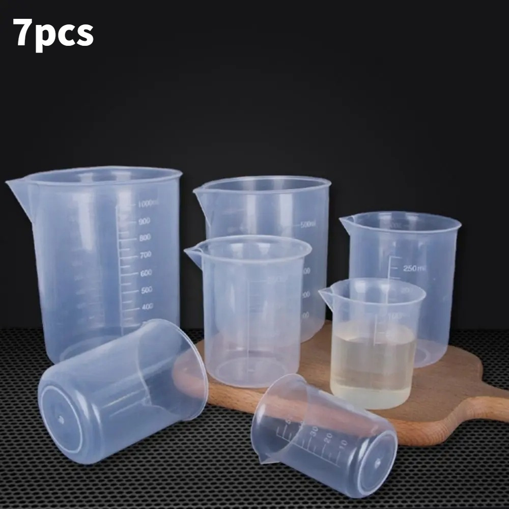 

7-piece Clear Plastic Measuring Cup Set With Easy-read Scale - Durable Kitchen & Lab Beakers For Flour, Sugar, Vinegar - Sizes 50ml To 1l